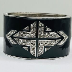Vintage Art Deco Black Enamel + Rhinestone, Clamper Bracelet.